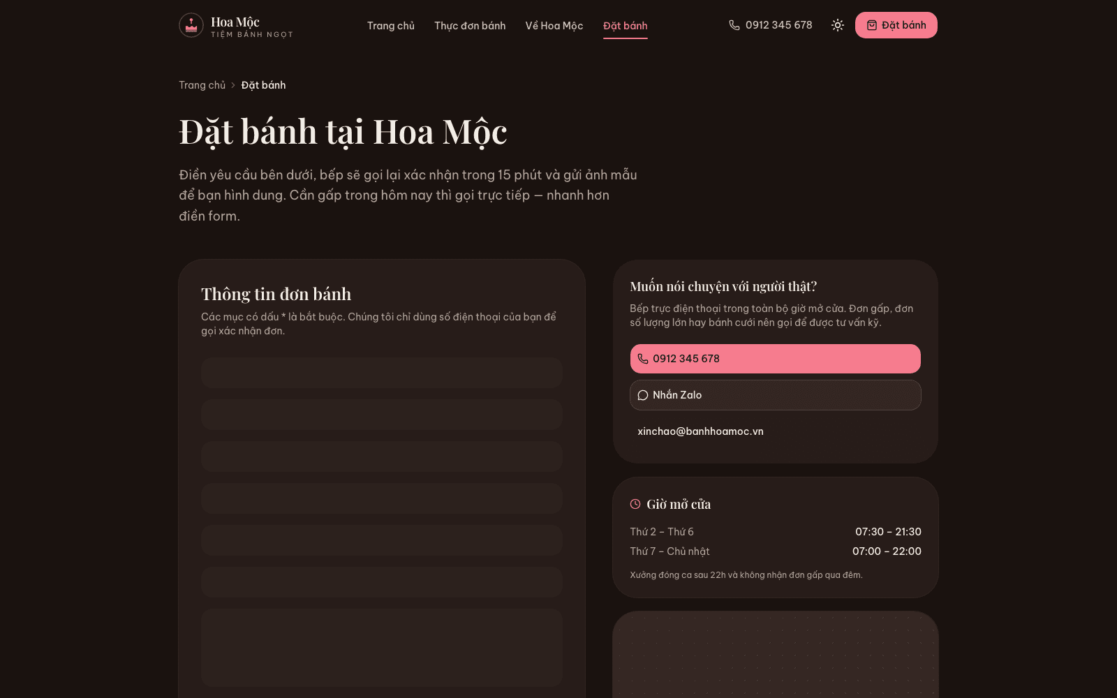 Biểu mẫu đặt bánh kèm giờ nhận và lời nhắn trên bánh
