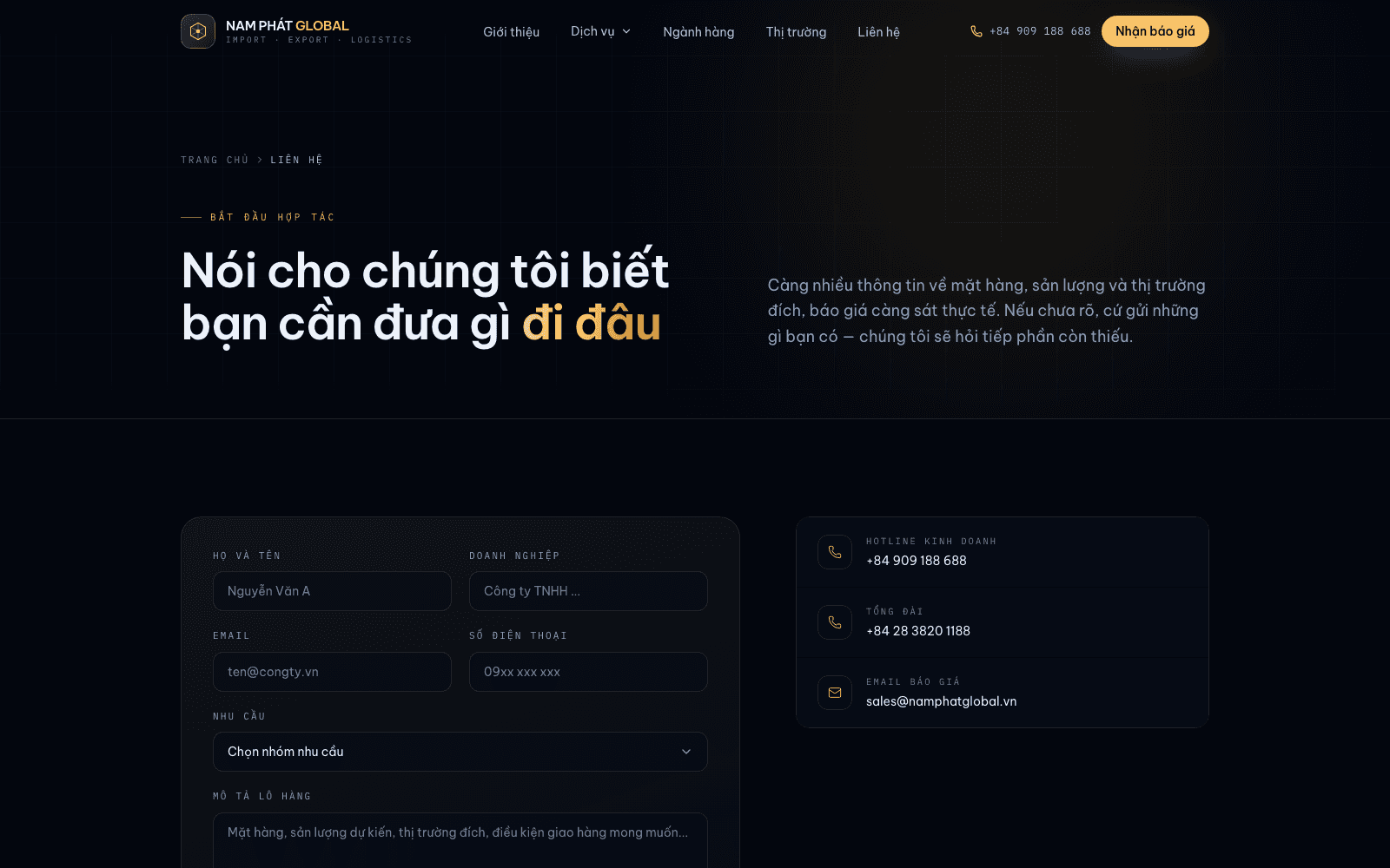 Biểu mẫu báo giá hỏi về lô hàng, cạnh các đường liên hệ trực tiếp