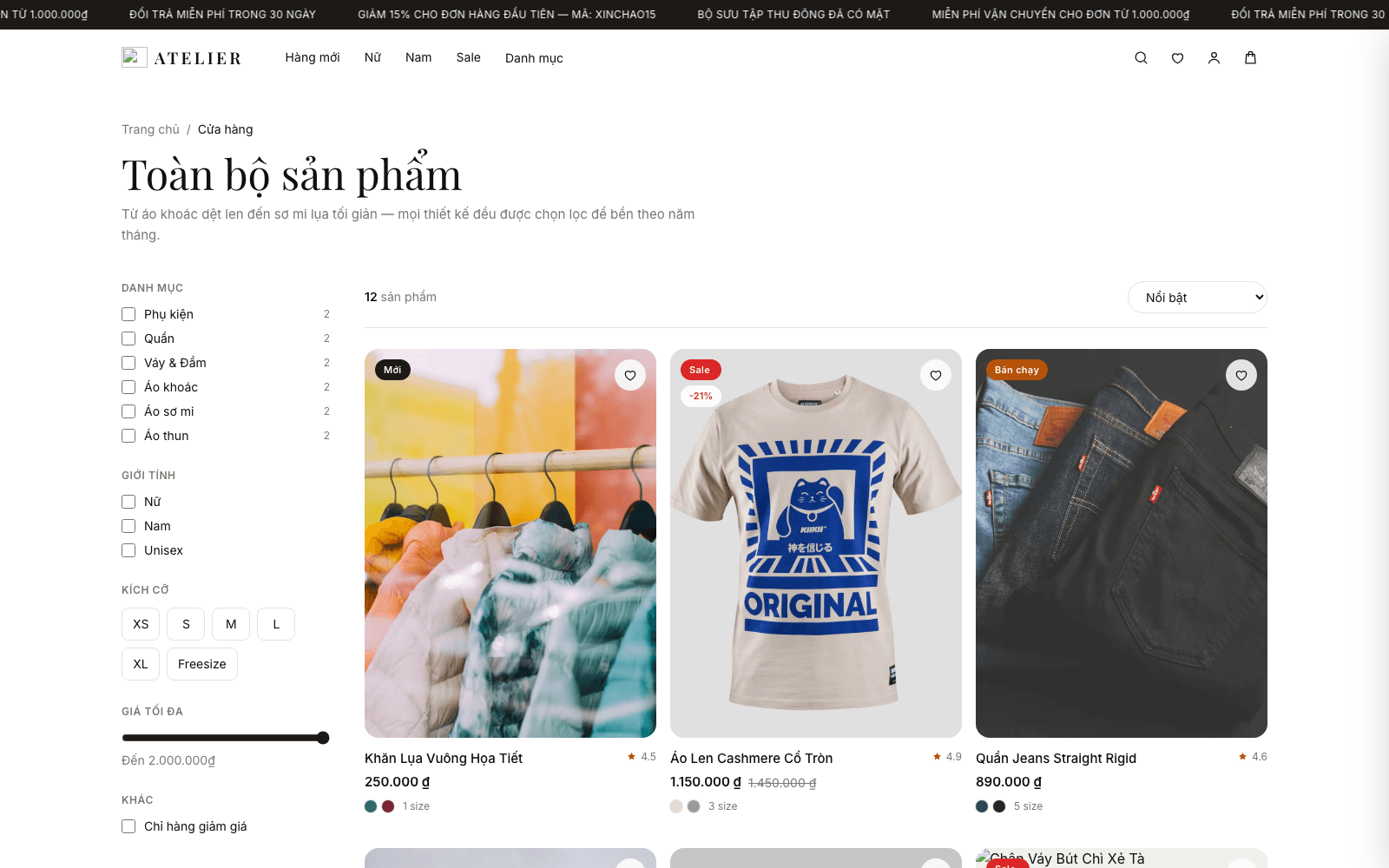 Trang cửa hàng với bộ lọc danh mục
