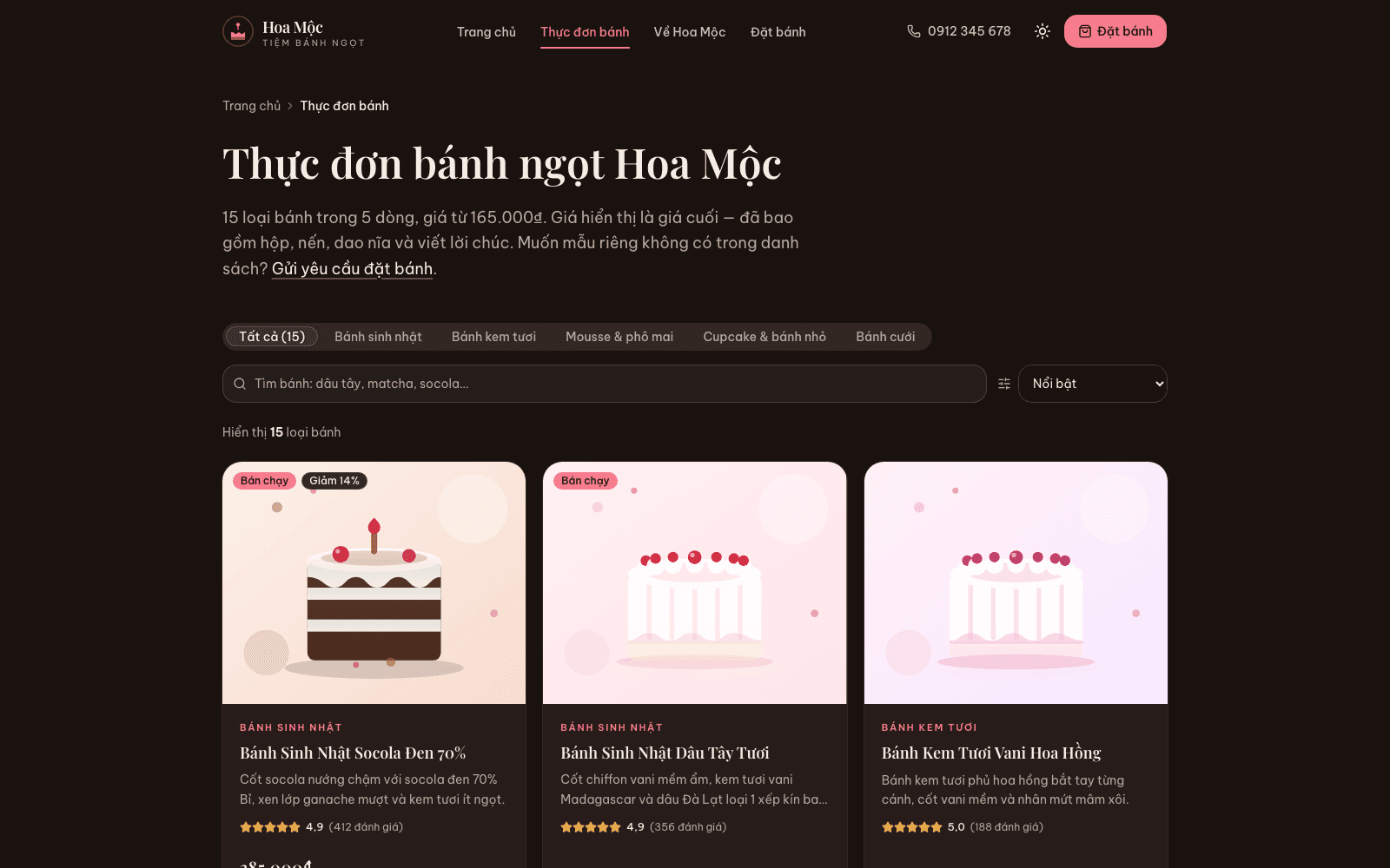 Thực đơn đầy đủ với toàn bộ bánh của tiệm