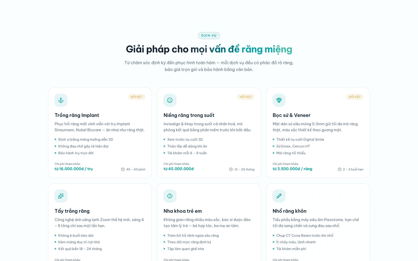 Lưới dịch vụ kèm chi phí tham khảo cho từng điều trị